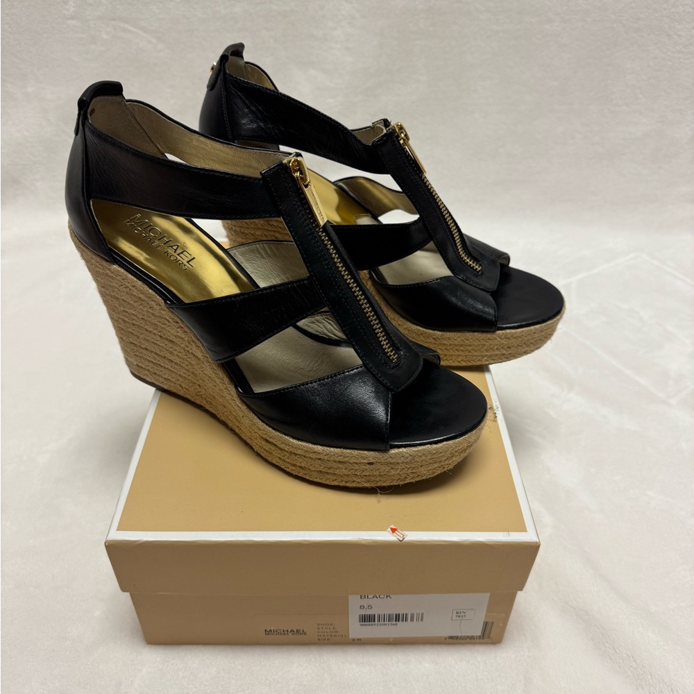 Michael Kors Black Leather Wedge Sandals